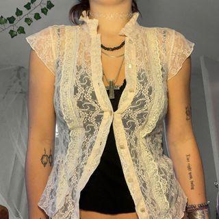 Lace See Through Button-up Short Sleeve Shirt