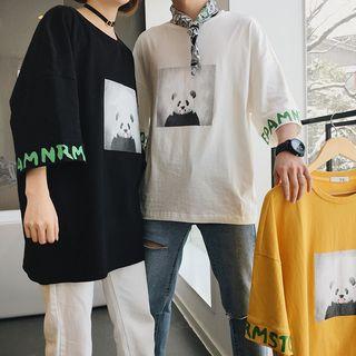Couple Matching Panda Printed Elbow-sleeve T-shirt