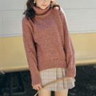 Plain Turtleneck Sweater / Check A-line Skirt