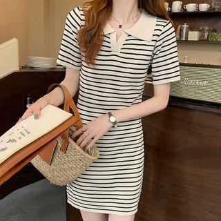 Short-sleeve Polo-neck Striped Mini Sheath Dress