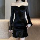 Off-shoulder Ruffle Hem Velvet Mini Sheath Dress