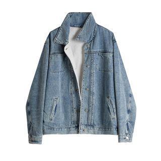 Fleece Lined Oversized Denim Jacket Denim Blue - One Size