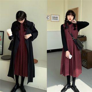 Tie-neck Plaid Midi Overall Dress