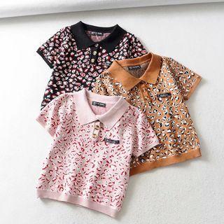 Leopard Print Knit Cropped Polo Shirt
