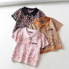 Leopard Print Knit Cropped Polo Shirt