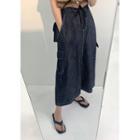 Cargo-pocket Maxi Denim Skirt Dark Blue - One Size