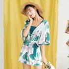 Printed Elbow-sleeve Playsuit With Bandeau