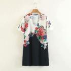 Short-sleeve Flower Print Mini Dress