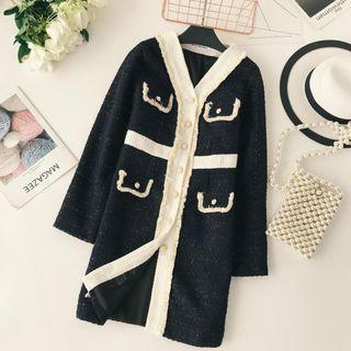 Faux Pearl Button Tweed Coat Black - One Size