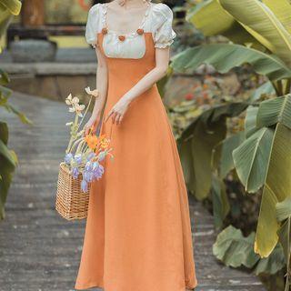 Puff-sleeve Floral Two-tone Midi A-line Dress