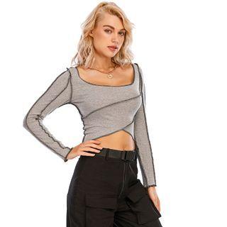 Long-sleeve Seam-trim Asymmetric Cropped Top