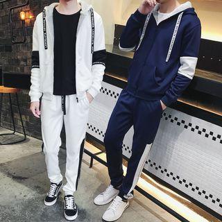 Set: Fleece-lined Hooded Zip Jacket + Lettering Striped Trim Sweatpants