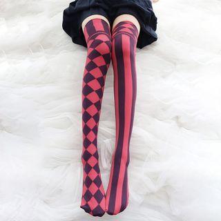 Patterned Over-the-knee Stockings Dark Red - One Size