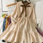 Round-neck Two Tone Ruffle Bow A-line Dress