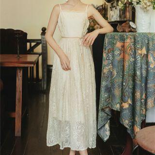 Set: Spaghetti Strap Lace Midi A-line Dress + Long-sleeve Qipao Top
