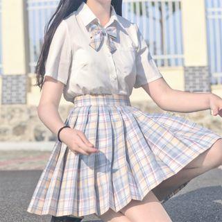 Plaid Bow / Short-sleeve Shirt / Plaid Pleated Mini A-line Skirt