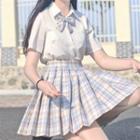 Plaid Bow / Short-sleeve Shirt / Plaid Pleated Mini A-line Skirt
