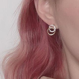 Interlocking Rhinestone & Alloy Hoop Earring Aq0441 - 1 Pair - S925 Silver Needle - Gold - One Size