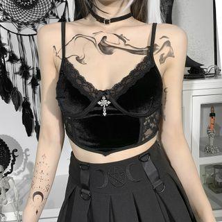 Lace Panel Velvet Cropped Camisole Top