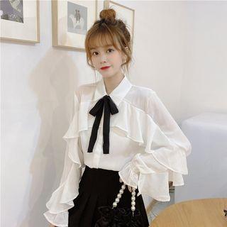 Bell-sleeve Ruffled Chiffon Shirt White - One Size