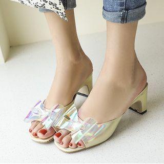 Block Heel Iridescent Bow Slide Sandals