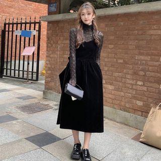 Turtleneck Lace Top / Spaghetti Strap Bow Midi A-line Dress