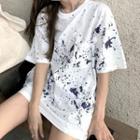 Elbow-sleeve Splash Print T-shirt White - One Size