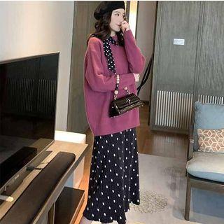 Dotted Tie-neck Sweater / Dotted Midi A-line Skirt