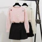Flower Detail Sweater / Buttoned A-line Mini Skirt / Set