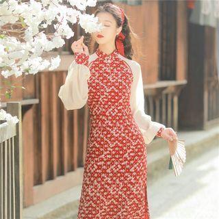 Long-sleeve Floral Print Midi A-line Qipao Dress