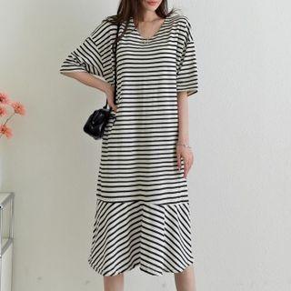V-neck Ruffle-hem Stripe Midi Dress
