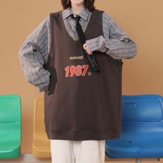 Mock Two-piece Number Print Collared Sweatshirt