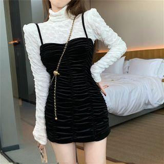 Long Sleeve Turtleneck Ruched Top / Spaghetti Strap Ruched Mini Sheath Dress