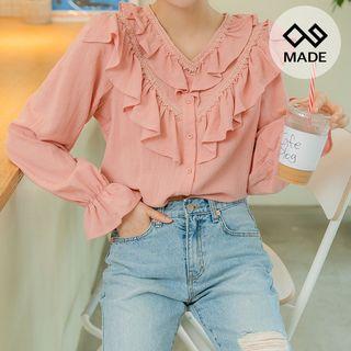 V-neck Frilled Cotton Blouse