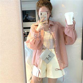 Long Sleeve Drawstring Hem Plain Shirt