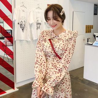 Half-placket Hear Patterned Dress Cream - One Size