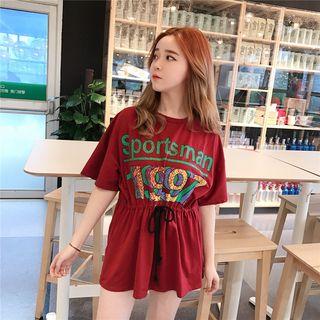 Lettering Elbow Sleeve Drawstring Dress