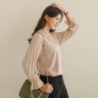 Crochet-lace Trim Pleated-sleeve Blouse Beige - One Size