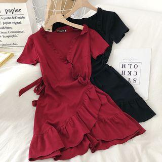 Short-sleeve Ruffle Trim Wrap A-line Dress