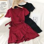 Short-sleeve Ruffle Trim Wrap A-line Dress