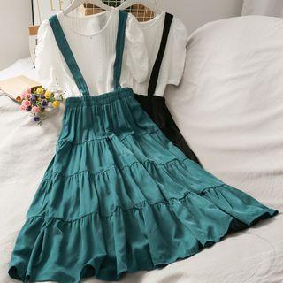 Set: Embossed Puff-sleeve Top + Jumper Maxi Dress