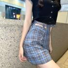 Short-sleeve Lace Trim Top / High-waist Plaid Asymmetric Drawstring Skirt