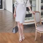 Asymmetric-hem Metal-button Pencil Skirt