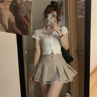 Short-sleeve Collared Crop Top / Pleated Mini A-line Skirt