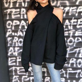Cold-shoulder Halter Top Black - One Size