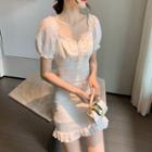 Puff-sleeve Frill Trim Tie Neck Slim Fit Dress