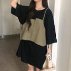 Set: Crew-neck 3/4-sleeve T-shirt Dress + Asymmetric Camisole Top