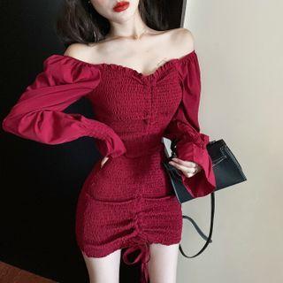 Off-shoulder Bell Sleeve Drawstring Ruched Mini Sheath Dress