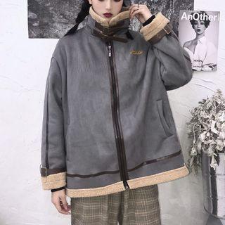 Lettering Faux Fur Trim Zip Jacket