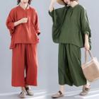 Set: 3/4-sleeve Blouse + Wide-leg Pants